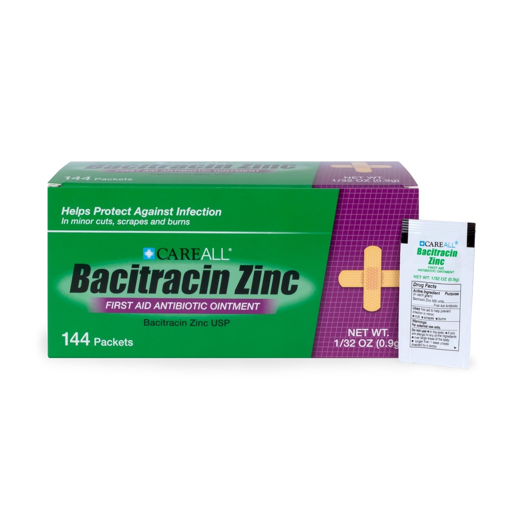 CareAll Bacitracine Antibiotique Zinc Ointment (144 Pack), 0.9gr Foil Packet. Onguent de premiers soins qui prévient les infections à petites coupures, éraflures et brûlures