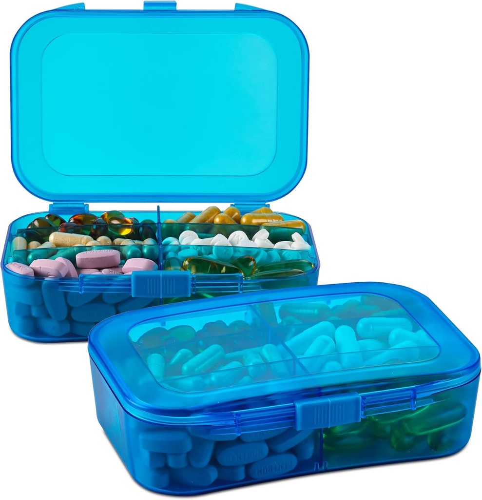 Cas d'organisateur de pilules - (paquet de 2) Portable 6 compartiments Boîte de rappel de médicaments de voyage quotidiens pour vos pilules, médicaments, suppléments, vitamines et huiles de poisson, bleu