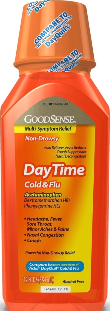 GoodSense Daytime Cold & Flu Multi-Symptome Relief, Non-Drowsy, Relief efficace pour la fièvre, la gorge douloureuse, la toux, la congestion nasale, 12 Fl Oz