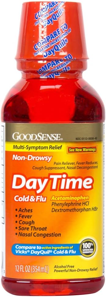 GoodSense Daytime Cold & Flu Multi-Symptome Relief, Non-Drowsy, Relief efficace pour la fièvre, la gorge douloureuse, la toux, la congestion nasale, 12 Fl Oz