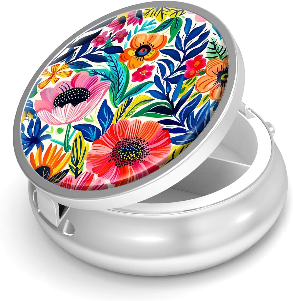 Pill Box-3 Compartment Small Pill Case for Purse & Pocket Mini Metal Pill Holder Travel Pill Container to Hold Supplements Vitamins BPA-Free (Garden Flower)