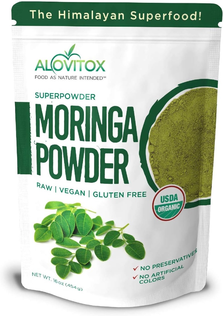 Bio Moringa Oleifera Poudre 16 oz de protéines végétales, acides aminés, antioxydants et vitamines - Poudre de feuille de drumstick énergétique