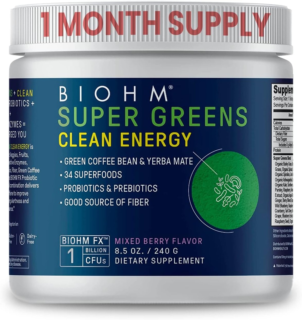 BIOHM Super Greens Clean Energy, Green Superfood Powder (8.5 Oz, 30 Servings) Supports Gut Health & Cognition, 34 Natural Fruit, Vegetable & Herbal Extracts with Prebiotics, Probiotics & Enzymes