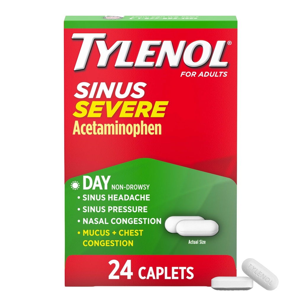 Tylenol Sinus Médicaments de soulagement du rhume et de la grippe sévères pendant la journée Caplets, anti-douleur, réducteur de fièvre Expectorant et décongestionnant, acétaminophène, Guaïfènesine et HCl Phénylephrine, 24 ct