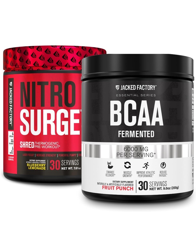 Nitrosurge de l'usine Jacked Shred Thermogen Pre-Workout dans la lémonade de bleuets et BCAA dans le punch de fruits pour la recomposition du corps, la construction musculaire et la récupération