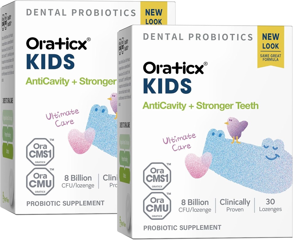 OraTicx Kids Dental Probiotics for Anti-Cavity + Healthy Teeth and Gums, 8 Billion CFU Probiotics for Oral Health, Yogurt Flavor 2-Pack