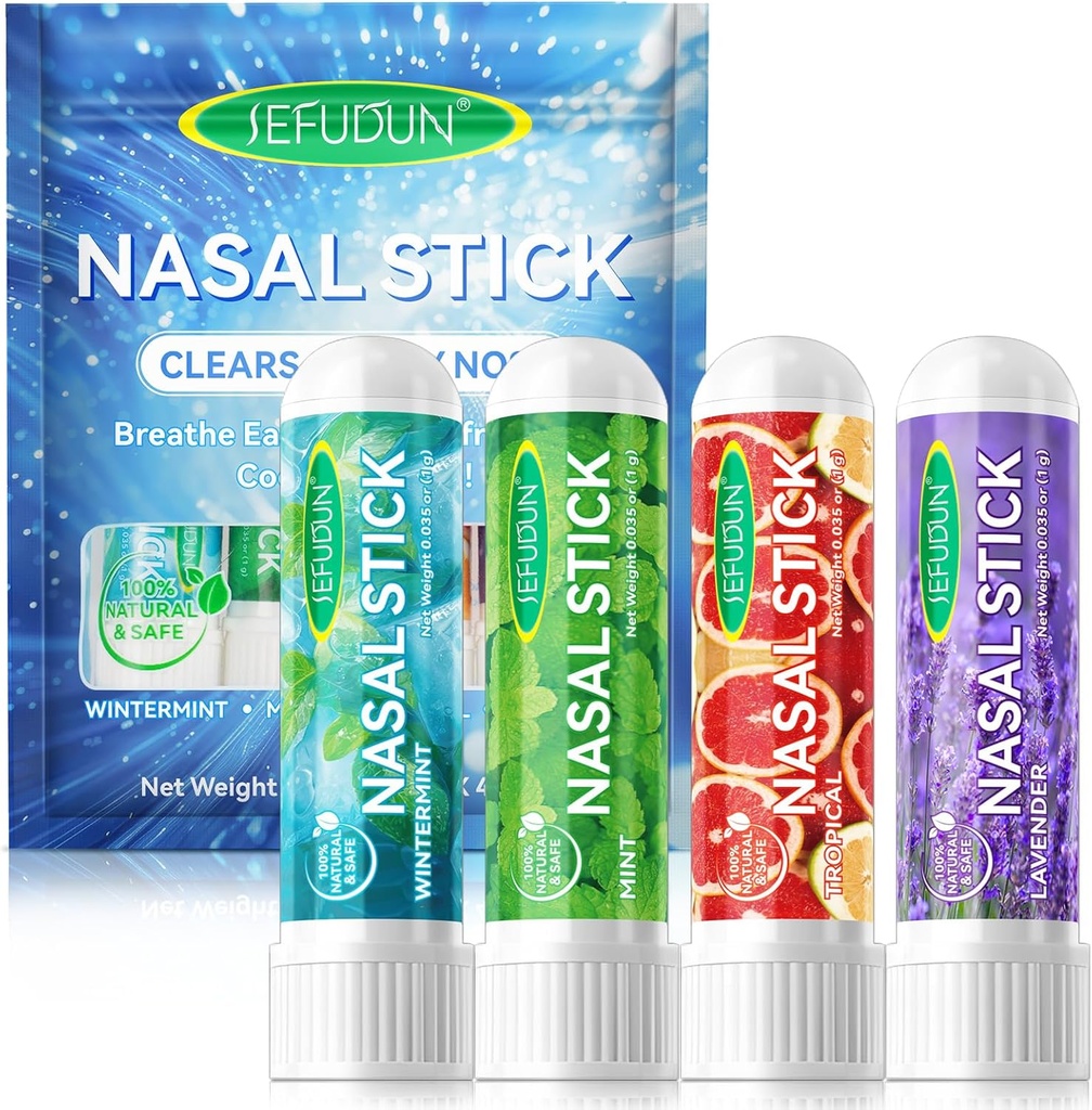 4PCS Nasal Stick,Nasal Inhaler Stick,Inhaler Nasal Stick pour Sinus Relief & Vertigo Relief,Aromatherapy Inhaler fait avec des huiles essentielles+Menthol (Mint,Wintermint, Tropical,Lavande)