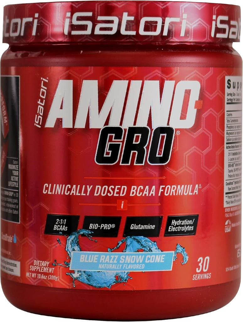 iSatori Amino-GRO BCAA Poudre, Acides aminés à chaîne ramifiée avec glutamine, poudre d'électrolyte et peptides bioactifs bio-GRO pour la croissance musculaire et la récupération après entraînement, Blue Razz Snow Cone (30 portions)