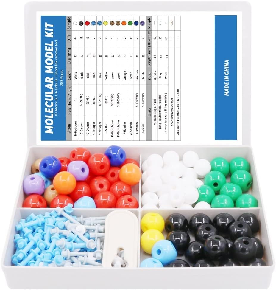Swpeet 200 Pcs Kit de modèle moléculaire pour la chimie organique et inorganique, la chimie Ensemble de modèle moléculaire étudiant et enseignant - 83 atomes et 116 liens et 1 outil de suppression de lien court