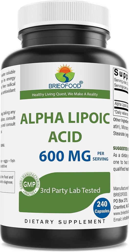 Acide alpha lipoïque Brieofood 600mg par portion - 240 Capsules - Non-OGM, sans gluten