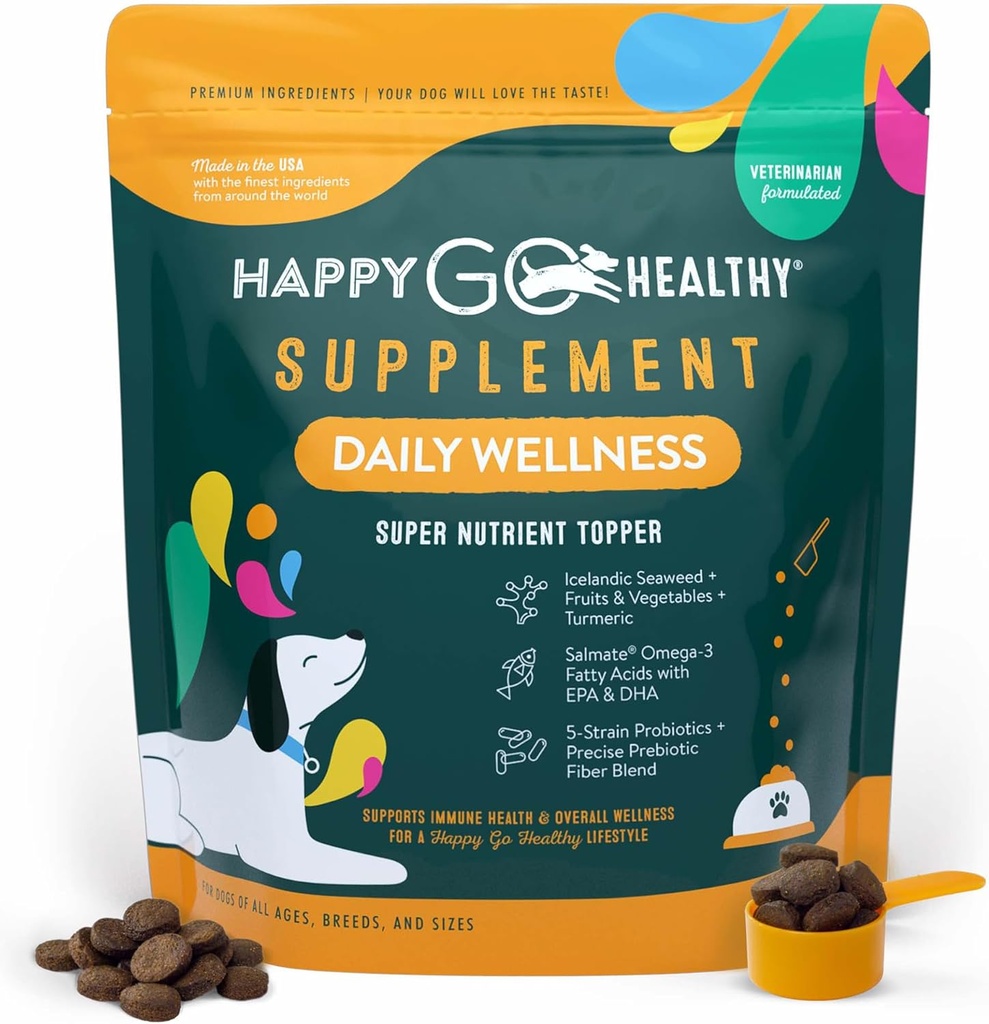 Suppléments de bien-être quotidien pour les chiens.Les avantages probiotiques et prébiotiques avec l'huile de poisson et l'algue pour garder votre chien beaming toute la journée.