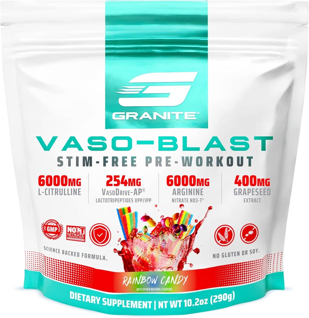 Granite Suppléments Vaso Blast, Rainbow Candy Flavor, Stimulant-Free pré entraînement pour les hommes et les femmes avec extrait de raisin, Arginine Nitrite, et VasoDrive-AP pour Max Pump (20 portions)
