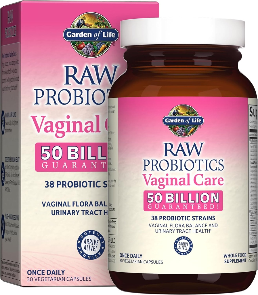 Jardin de la vie Probiotiques crus pour les soins vaginaux des femmes avec Acidophilus, Probiotique favorise l'équilibre des levures, la santé vaginale, urinaire, sans gluten, 30 capsules végétariennes