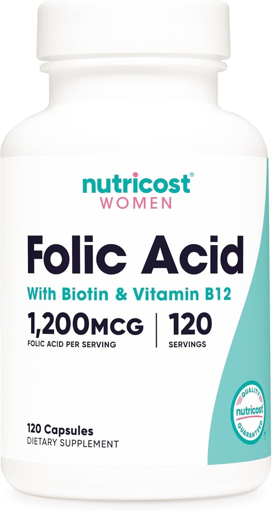 Acide folique Nutricost pour femmes (Vitamine B9) 1200 mcg, 120 Capsules, avec B12 et Biotine, Veggie Caps, Non-OGM et sans gluten
