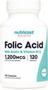 Acide folique Nutricost pour femmes (Vitamine B9) 1200 mcg, 120 Capsules, avec B12 et Biotine, Veggie Caps, Non-OGM et sans gluten