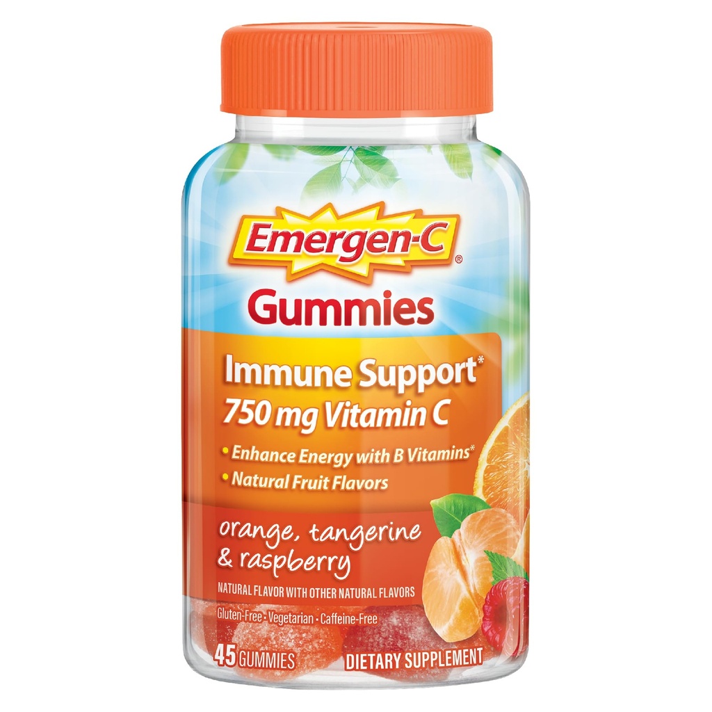 Emergen-C 750mg Gummées de vitamine C pour adultes, Gummées d'immunité avec des vitamines B, sans gluten, orange, Tangerine et framboises, Retour à l'essentiel de l'école - 45 Compte