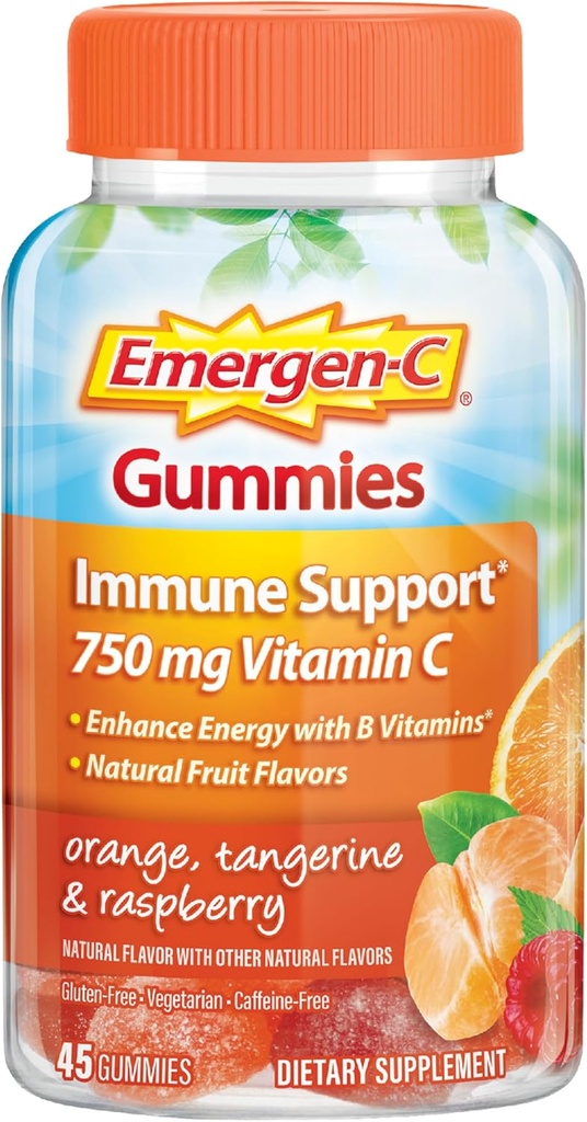 Emergen-C 750mg Gummées de vitamine C pour adultes, Gummées d'immunité avec vitamines B, sans gluten, orange, Tangerine et framboises - 45 Nombre