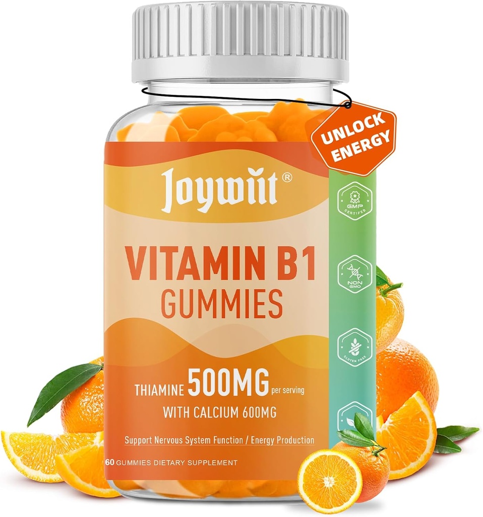 Vitamin B1 Gummies 500mg, Chewable Thiamine B1 Supplement for Adults, with 600mg Calcium Citrate, Support Nervous System, Vegan, Natural Orange Flavor