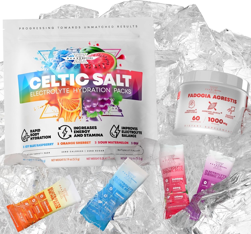 Fadogia Agrestis 1000mg Per Serving Supplement + Electrolytes Powder Packets Celtic Salt 12 Electrolyte Packets