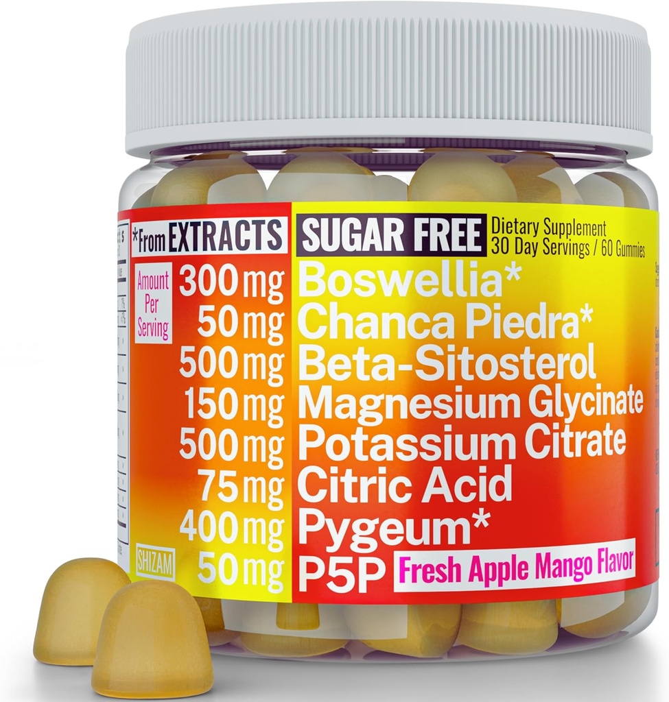 Boswellia Chanca Piedra Pygeum Beta-Sitostérol Gummies avec Magnésium Glycinate Potassium Citrate P5P.S. Stone Breaker Prostate Kidney Stone Uric Acid Flush & Cleanse.