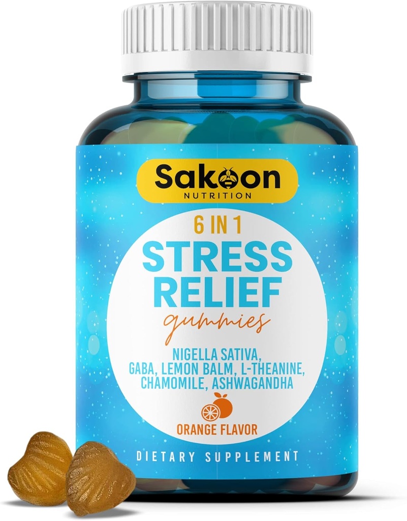 6-en-1 Gummies anti-stress 60ct - Aides Relaxation avec Ashwagandha, GABA, L-theanine, Lemon Baume, Camomille, Black Cumin Seed Nigella Sativa. Amélioration du sommeil profond, soutien des articulations - 60 gommies