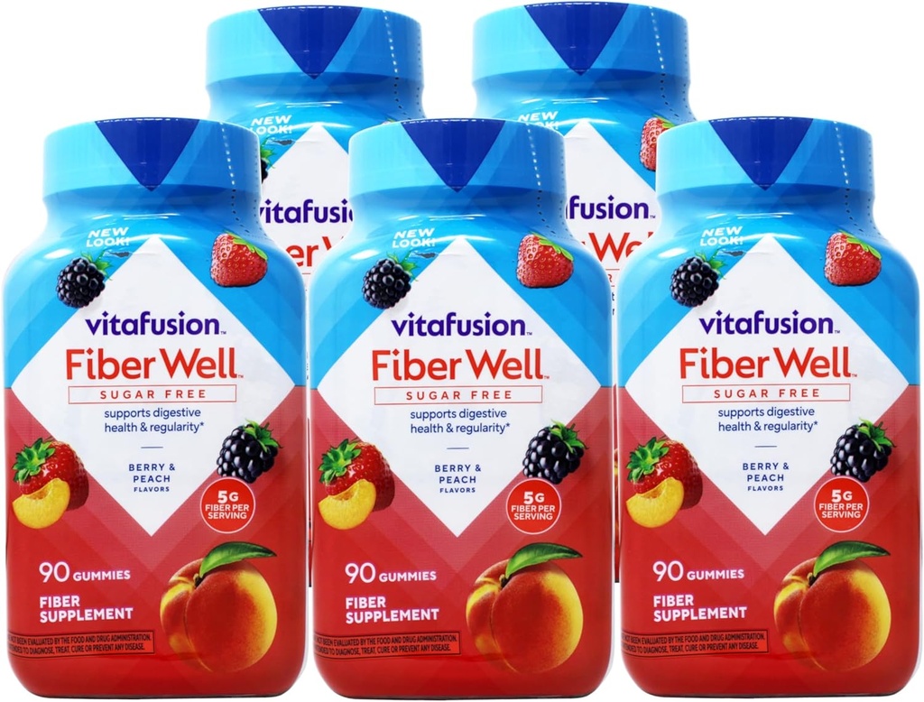 VitaFusion, bien en fibre, supplément en fibre, saveurs assorties - 90 gommes, boîte de 5