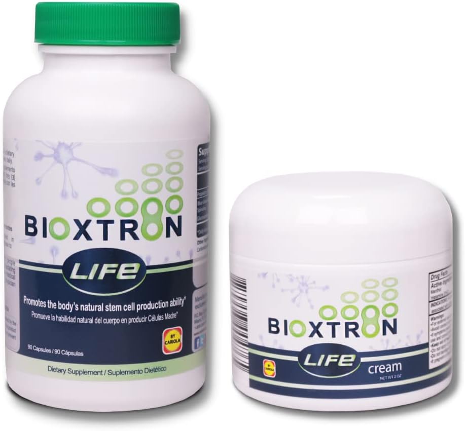 Bioxtron Life AFA Stem Cell Supplement - Soutien articulaire et Douleur musculaire - Soutien du système immunitaire - Soutien des niveaux d'énergie - Production de cellules souches - Blue Green Algae Spiruline - 90 capsules + Crème 2 oz