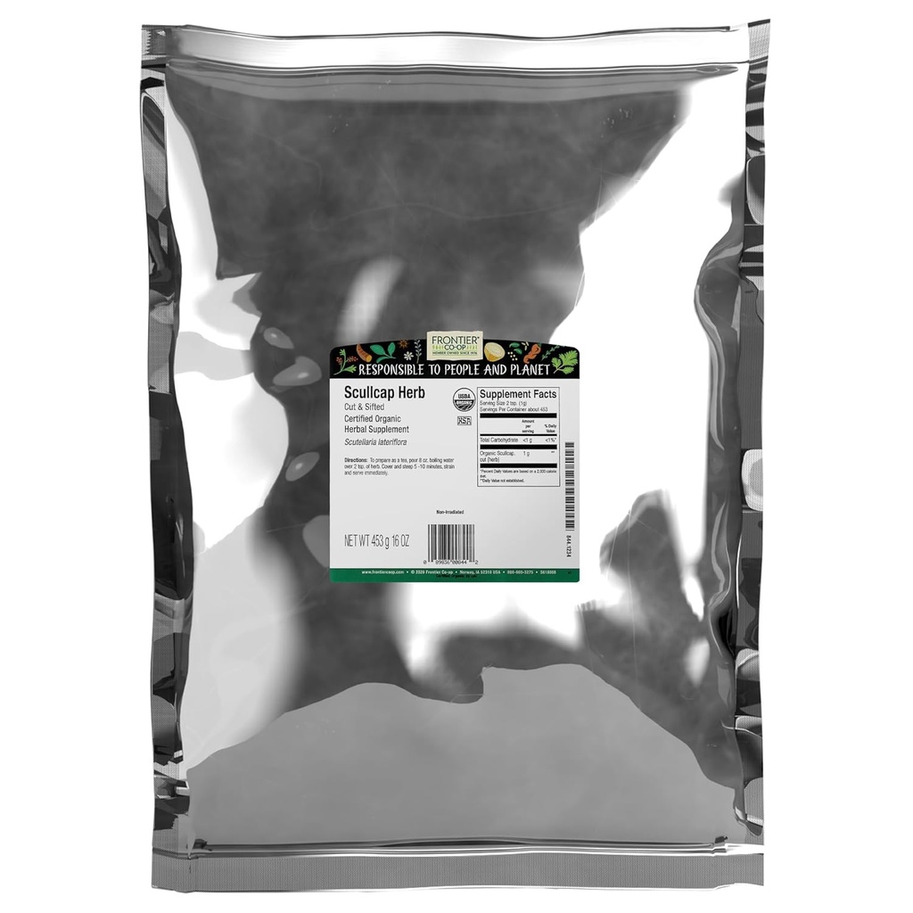 Frontier Co-op Scullcap Organic Herb Cut & Sifted Certified Organic Herbal Supplément 1lb - Crâne pour Teinture, Thé, Supplément