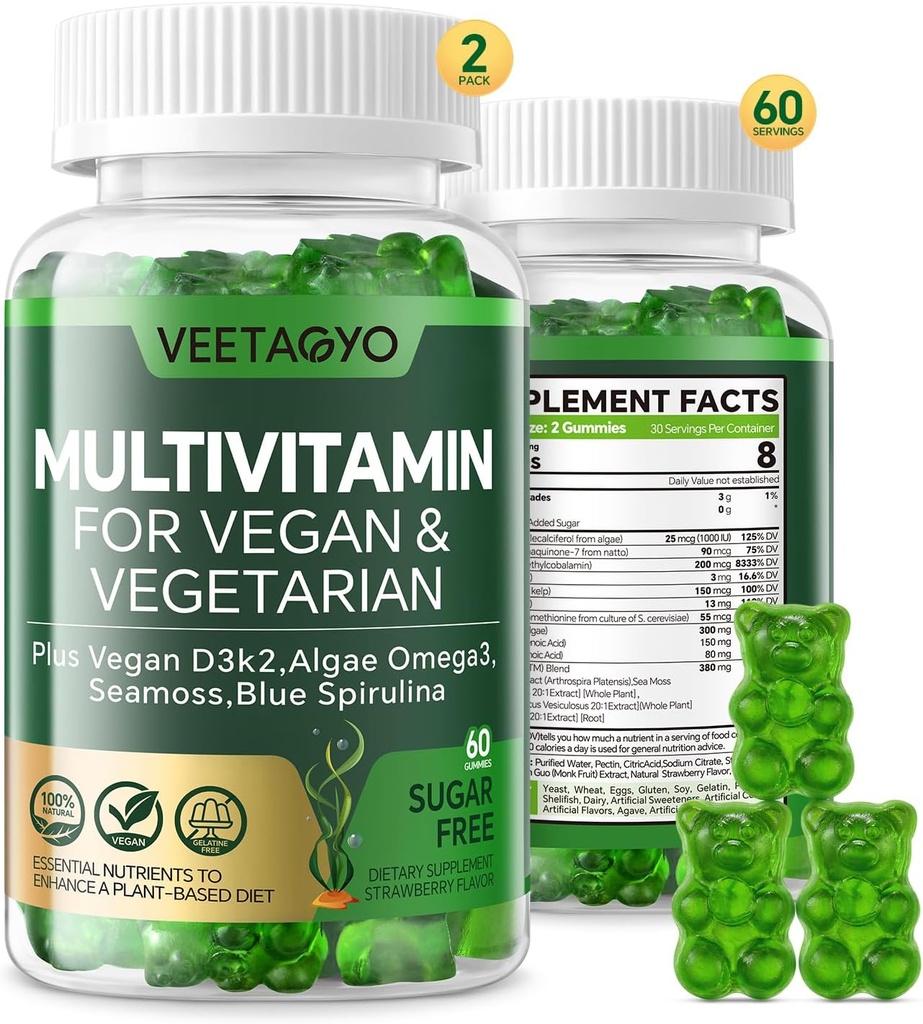 Vitamine D3 + K2-1000UI D3 90mcg K2 - Multivitamine pour Végétariens et Adultes avec/Algae Omega-3,Iron,Methyl B12,Seamoss,Iodine pour os, Muscle,Énergie,Immunity Support- Sans sucre,Sans gluten,120 Compte