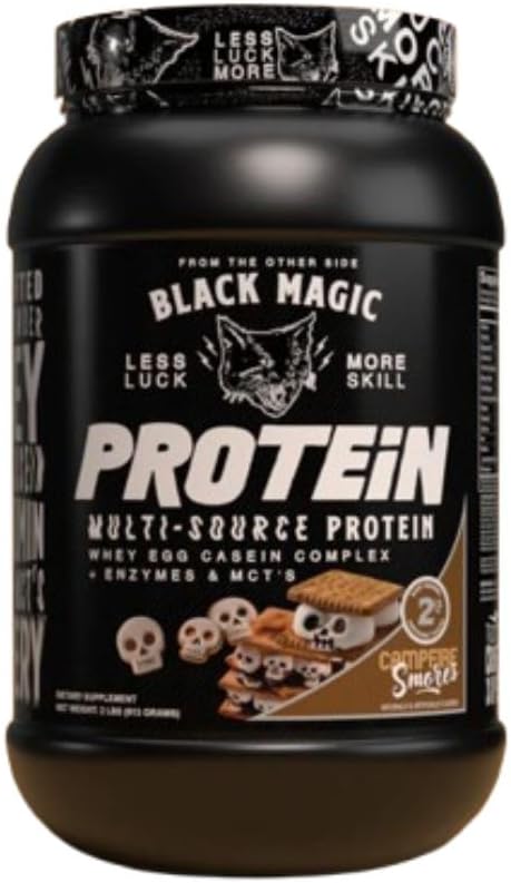 Ensemble alimentaire mondial compatible avec la poudre de protéines magiques noires - Protéines multi-sources Complexe Whey, Egg & Casein avec Enzymes & MCT- 2LB Campfire Smores Flavor avec porte-clés polyvalent