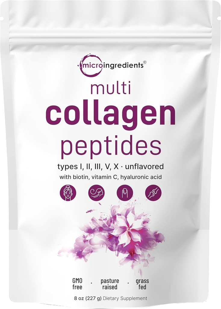 Micro-ingrédients Poudre de Peptides Multi Collagène, 8oz de Type I, II, III, V, X + Biotine, Vitamine C & Acide Hyaluronique , non aromatisé , soutient la santé des cheveux, de la peau et des articulations , Keto, non-OGM