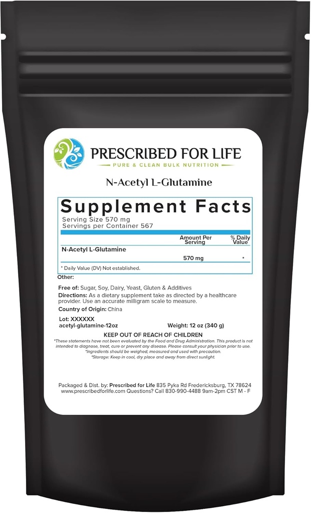 Prescription pour la vie N acétyl L Poudre de glutamine, supplément d'acides aminés purs L (12oz / 340g)