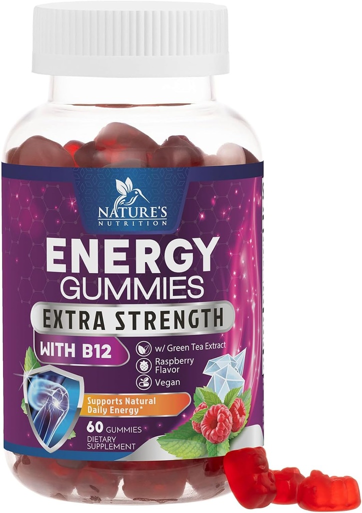 Gommies d'énergie 1000mcg - avec vitamine B12, soutien de caféine naturelle de thé vert, Gommies d'énergie quotidienne - Delicious Berry Flavor B12 Supplément d'exercice à croquer pour la course à vélo et les sports - 60 Chews