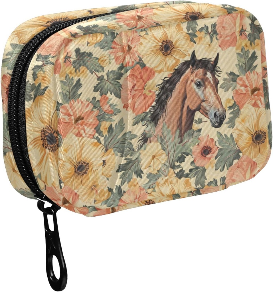 Fustylead Vintage Dessin à la main Cheval brun et Pilule de fleurs Organisateur pour la Purse, Pill Box portable hebdomadaire avec fermeture éclair pour stocker les vitamines Huiles de poisson médicaments suppléments