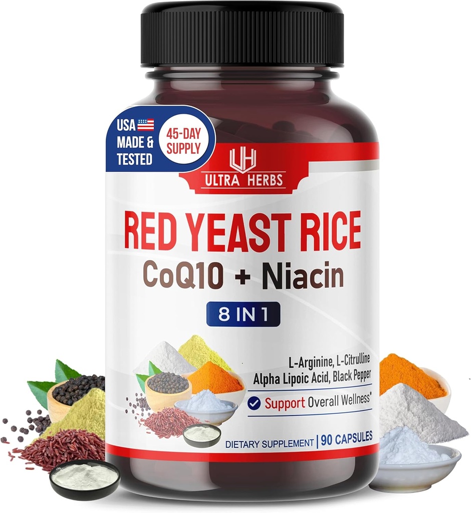 Riz de levure ultra-rouge CoQ10 - Promouvoir la santé globale avec la niacine, la L-arginine, la L-citrulline (90 comtes (paquet de 1))