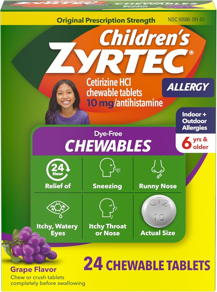Zyrtec Chewables sans colorant pour les enfants 24 heures de soulagement de l'allergie, 10 mg de chlorhydrate de cétirizine Comprimés antihistaminiques, la médecine allergique pour les enfants soulage l'éternuement et la gorge de Itchy, raisin, 24 ct