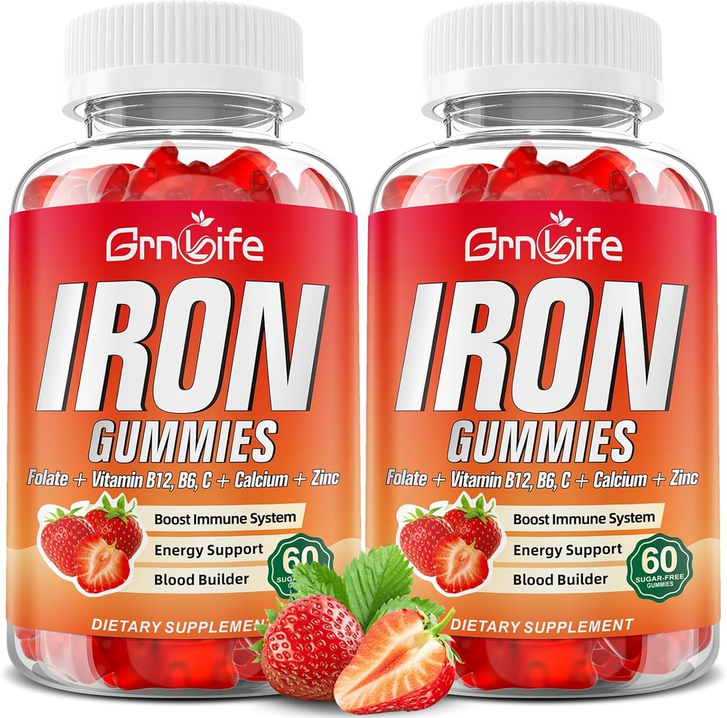 Gommies de fer pour femmes, hommes et enfants, supplément de fer sans sucre avec calcium, zinc, folate et vitamine B12, C, B6 - pour la construction de sang et le soutien énergétique, Anémie, fraise, 120 comte