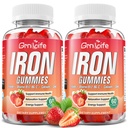 Gommies de fer pour femmes, hommes et enfants, supplément de fer sans sucre avec calcium, zinc, folate et vitamine B12, C, B6 - pour la construction de sang et le soutien énergétique, Anémie, fraise, 120 comte