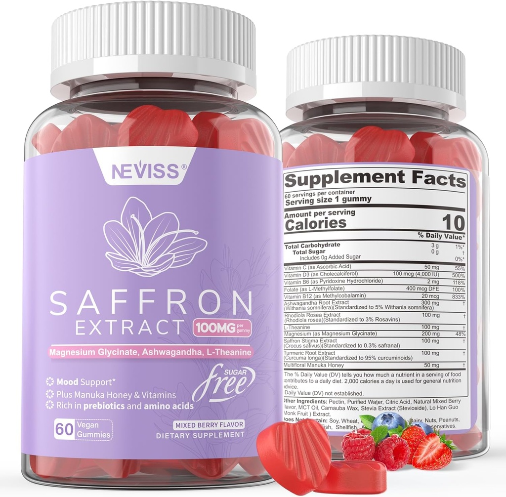 Saffron Supplements Gummies 100mg - 100% Pure Saffron Extract With Magnesium Glycinate, L-Theanine, Turmeric, Ashwagandha, Honey & Vitamin B Complex for Mood & Power, Antioxidant, Vitality - 120 Count