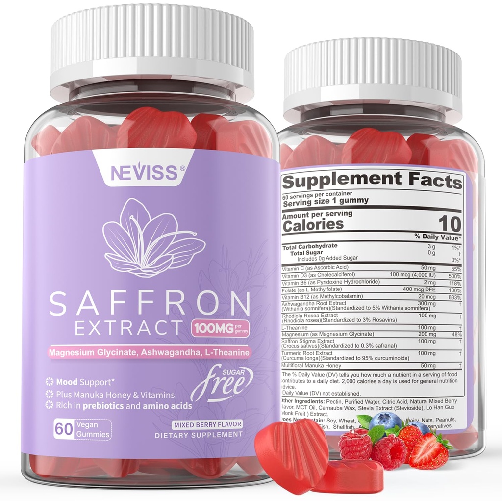 Suppléments de safran Gommies 100mg - 100% pur Extrait de safran avec Magnésium Glycinate, L-Theanine, Turmeric, Ashwagandha, Honey & Vitamine B Complex pour l'humeur et la puissance, Antioxydant, Vitalité - 120 Compte