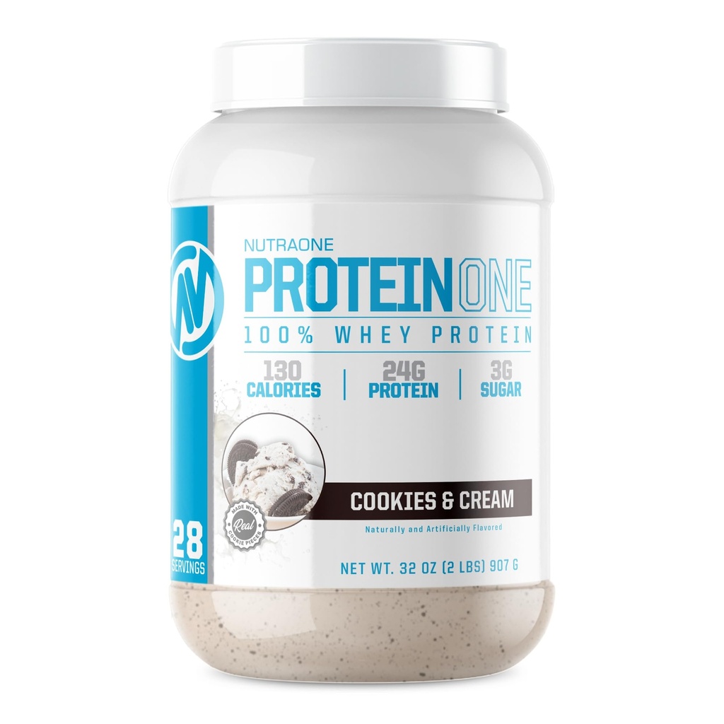 NutraOne ProteinOne Whey Protein favorise la récupération et construire un muscle avec une poudre de shake de protéines pour les hommes et les femmes (Cookies et crème, 2 LB)