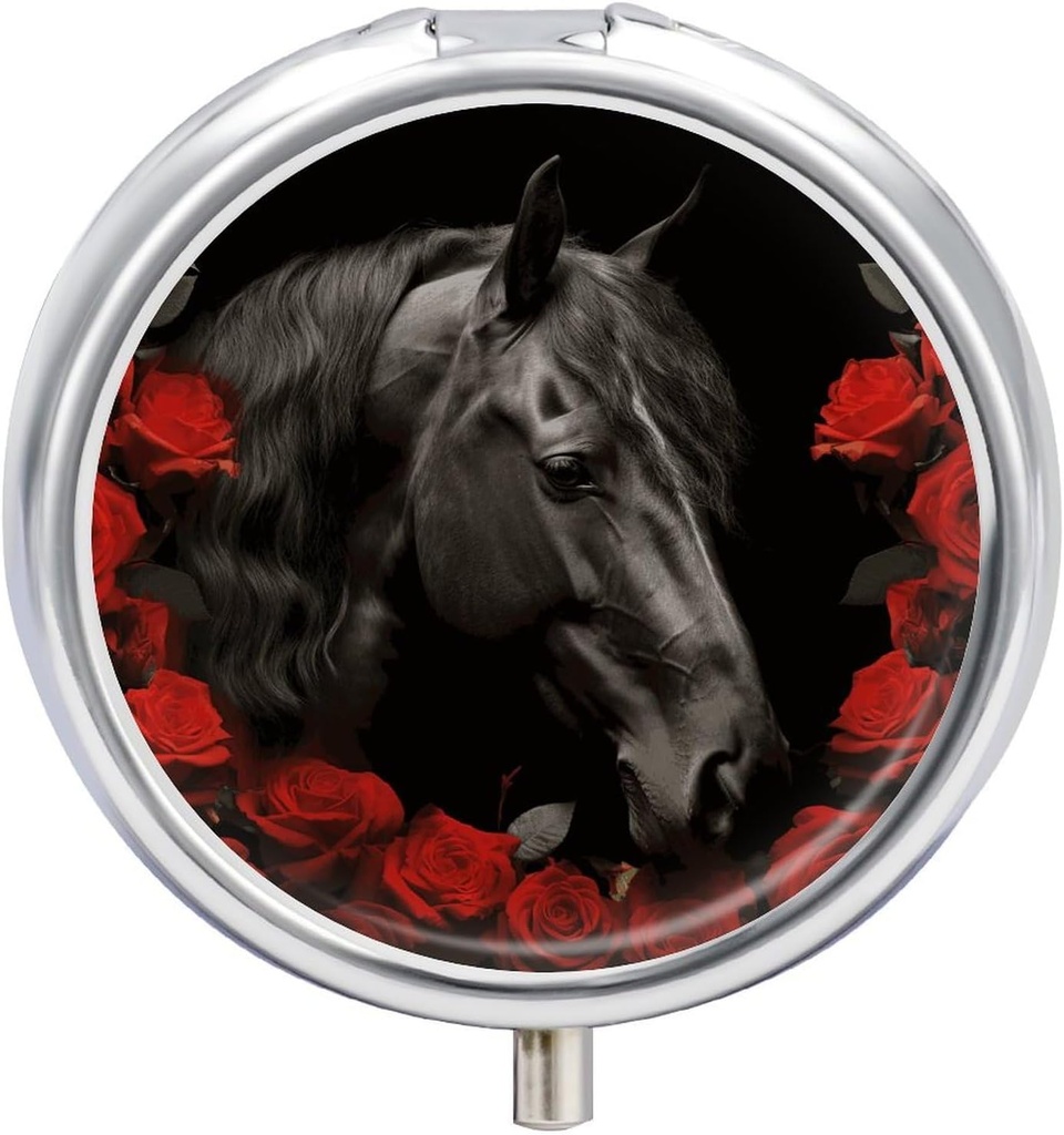 Black Horse on A Background of Red Roses Pill Case 3 Compartiment Portable Pill Box Daily Round Pill Organizer for Pocket Purse Daily Medicine Container to Hold Vitamines Fish Oil Travel Gifts