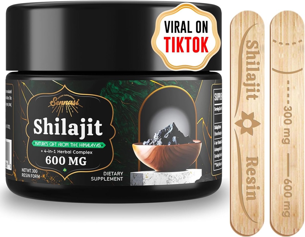 Sennasi 600 MG Résine Shilajit - Supplément Shilajit avec acide fulvic et 85+ minéraux traces pour l'énergie, l'immunité, la puissance cérébrale, 30 grammes