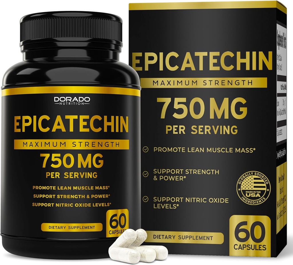 Extrait d'épicatéchine 750mg par portion - (60 Capsules) - Supports Lean Muscle, Oxyde Nitrique, Inhibiteur de Myostétine, Stamine, Endurance, Pompe et Gains - Supplément non OGM et végétalien - (60 Compte)