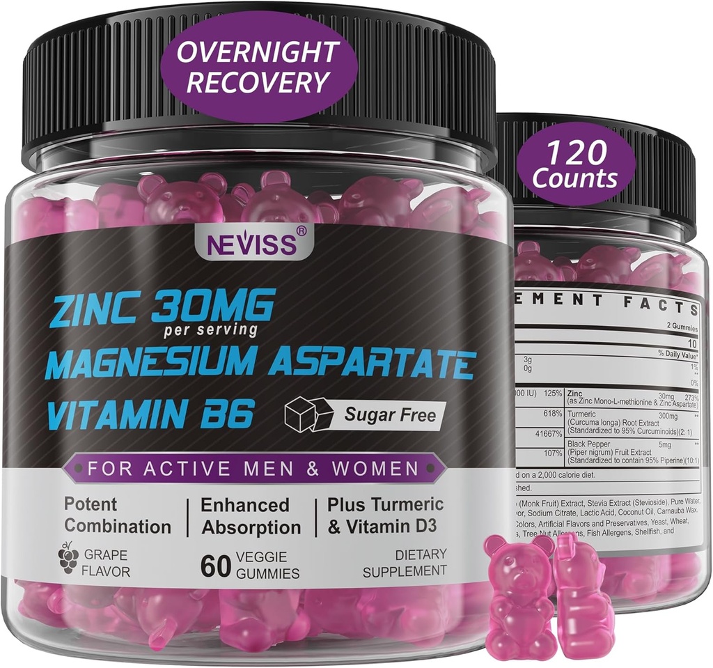 Supplément de zinc et de magnésium, Zinc Magnésium Aspartate après l'entraînement Gummies pour hommes femmes, avec vitamine B6, B12, D3, curcuma pour la récupération de nuit, réduire la fatigue, stimuler l'immunité et le sommeil, 120 Compte