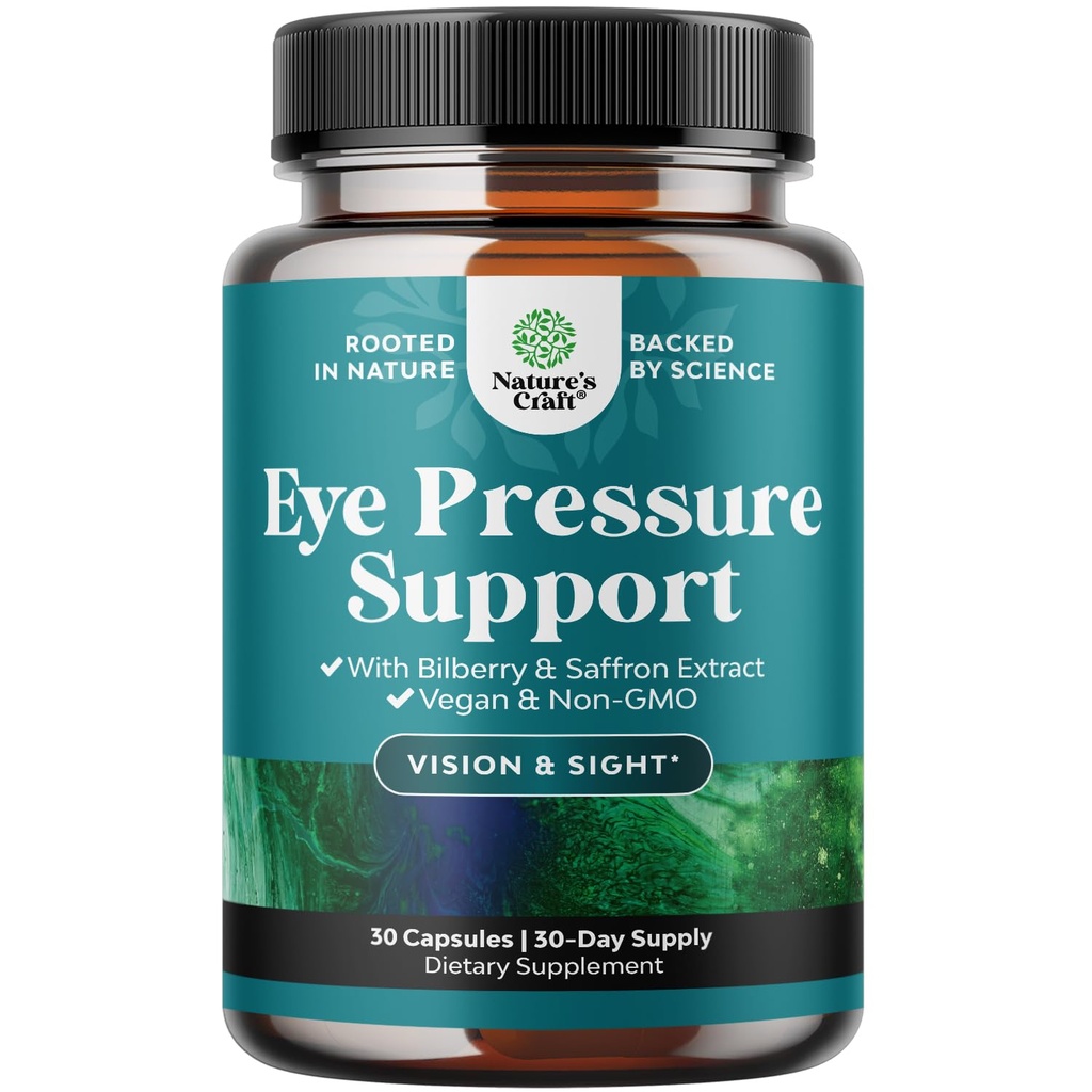 Natures Craft Eye Pressure Support with Bilberry Extract - Vegan Eye Health Supplement for Adults for Ocular Pressure Relief with Safran Ginkgo Niacin and More Vitamines Vision Support - 30 Compte
