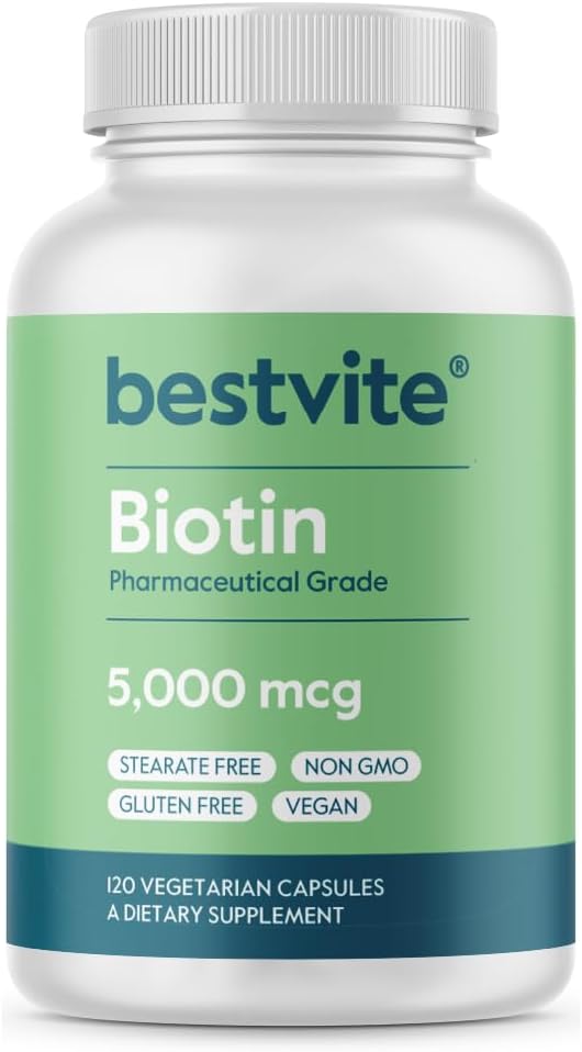 BESTVITE Biotin 5000mcg (120 Vegetarian Capsules) - No Stearates - No Flow Agents - Vegan - Non GMO - Gluten Free - Hair, Skin, Nails