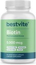 BESTVITE Biotin 5000mcg (120 capsules végétariennes) - Pas de stéarate - Pas d'agents de débit - Vegan - Non OGM - Sans gluten - Cheveux, peau, ongles