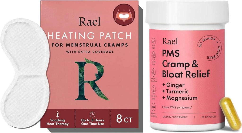 Rael Bundle - Supplément PMS pour les femmes (28 capsules) et les palettes de chauffage à base de plantes (Grande, 8 comte)