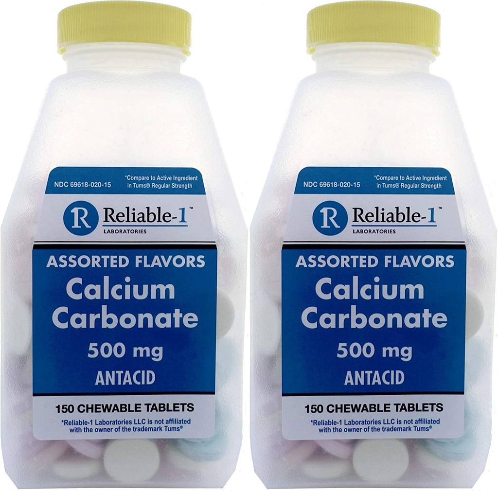 Calcium 500 mg Générique pour Tums Assortiment de fruits Comprimés à croquer Aromatisés Force régulière Antiacide pour l'indigestion acide, brûlures d'estomac, stomach acide 150 Comprimés à croquer par boîte de 2 bouteilles